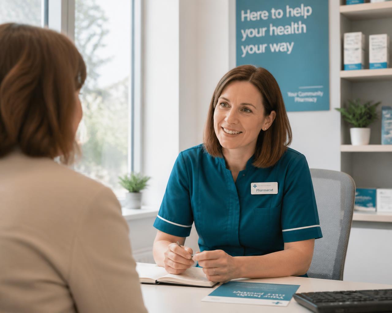 A community pharmacist talking with a patient in a pharmacy consultation room