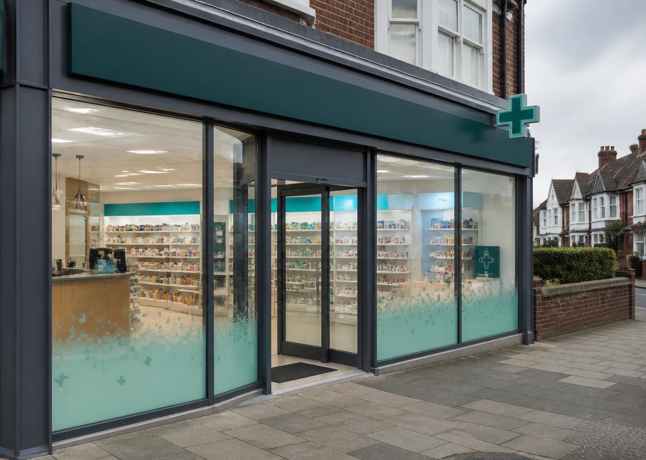 Shopfront of a modern community pharmacy